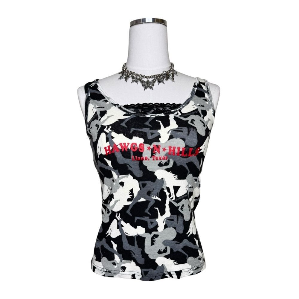 Y2K Camobooty Hawgs N Hills Black + White Lady Print Camo Tank Top Size Medium